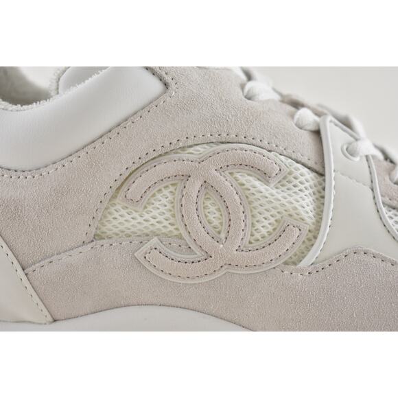 Chanel 20P Mens Triple White Mesh CC Logo Low Top Runner Trainer Sneaker 44 11 - Picture 3 of 13